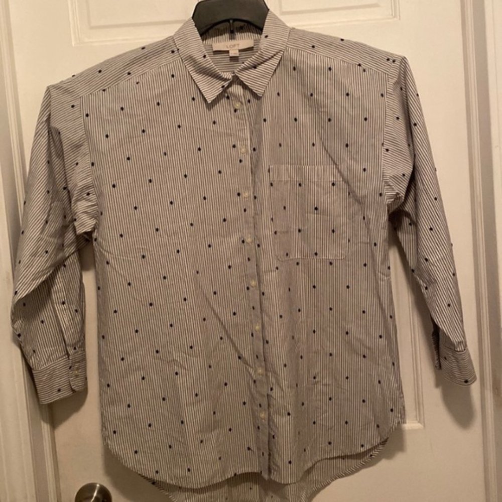 LOFT Men's Medium Gray/White Stripe W/Navy dot Lg Sl Button Up Shirt NWT - Picture 1 of 6